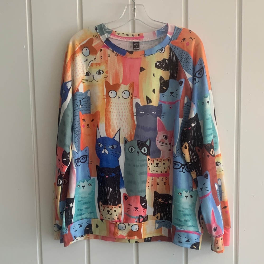 Colorful Cat Print Women’s Lightweight Sweatshirt - Multicolor